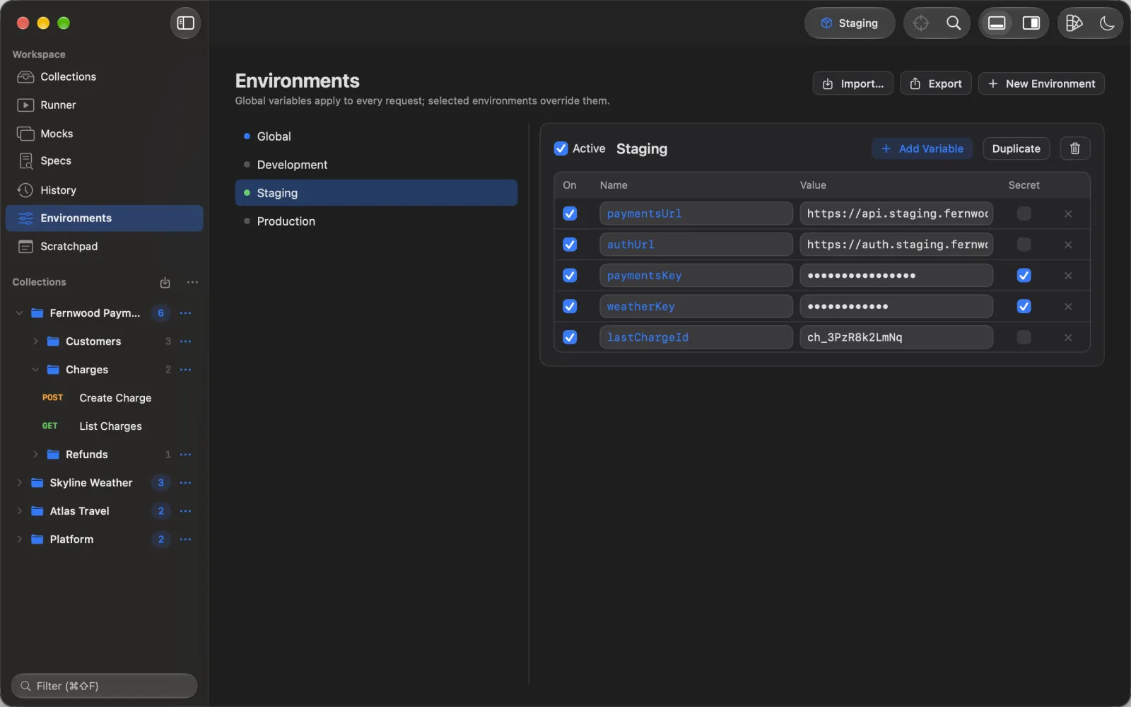 Staging and Production environments with their variables