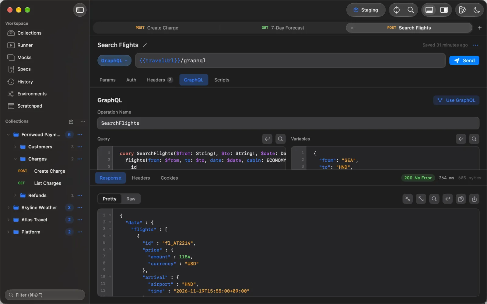 A GraphQL query with variables in Runlet