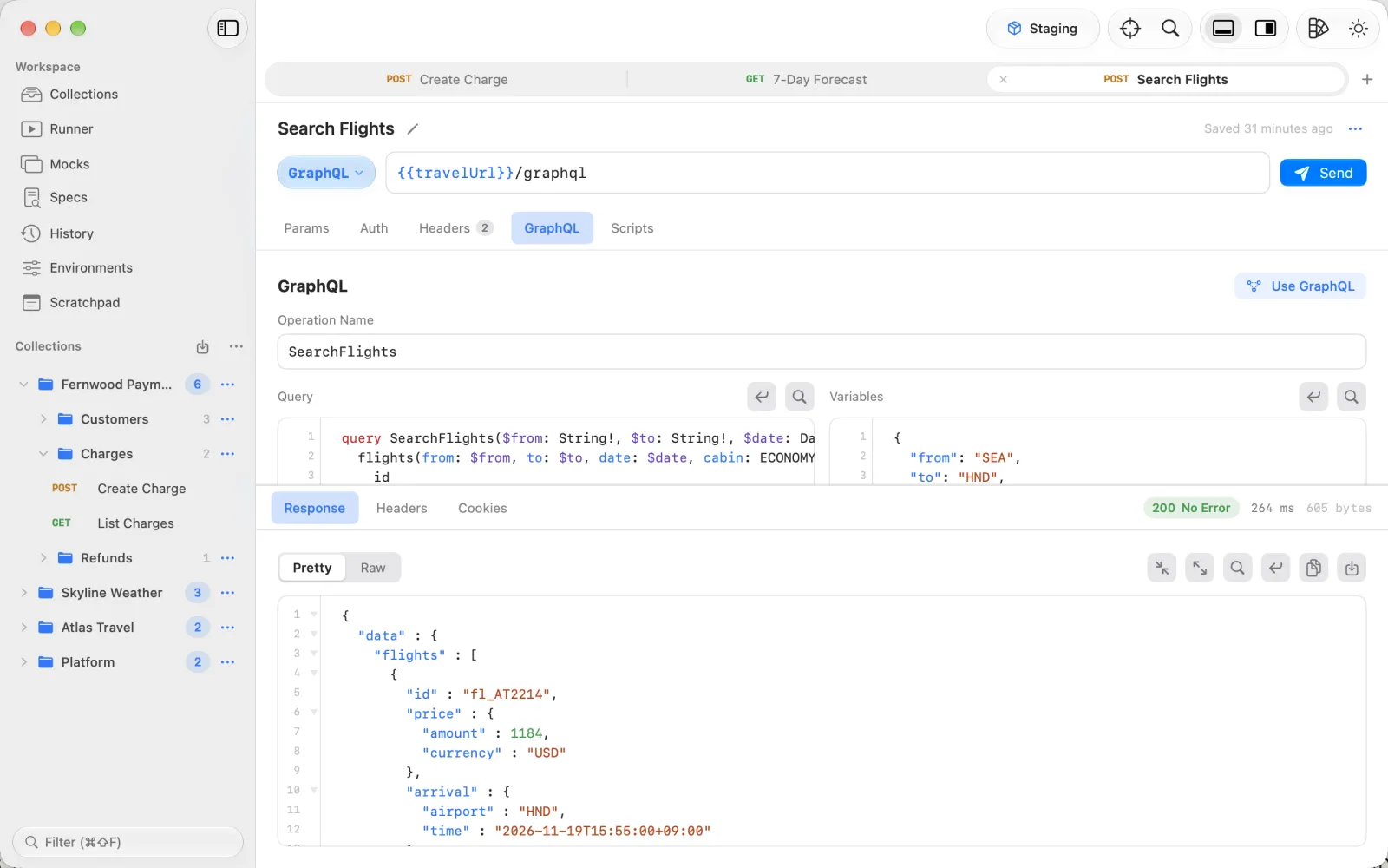 A GraphQL query with variables in Runlet