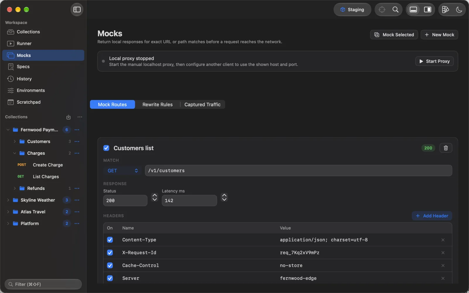 Mock routes and captured traffic in Runlet