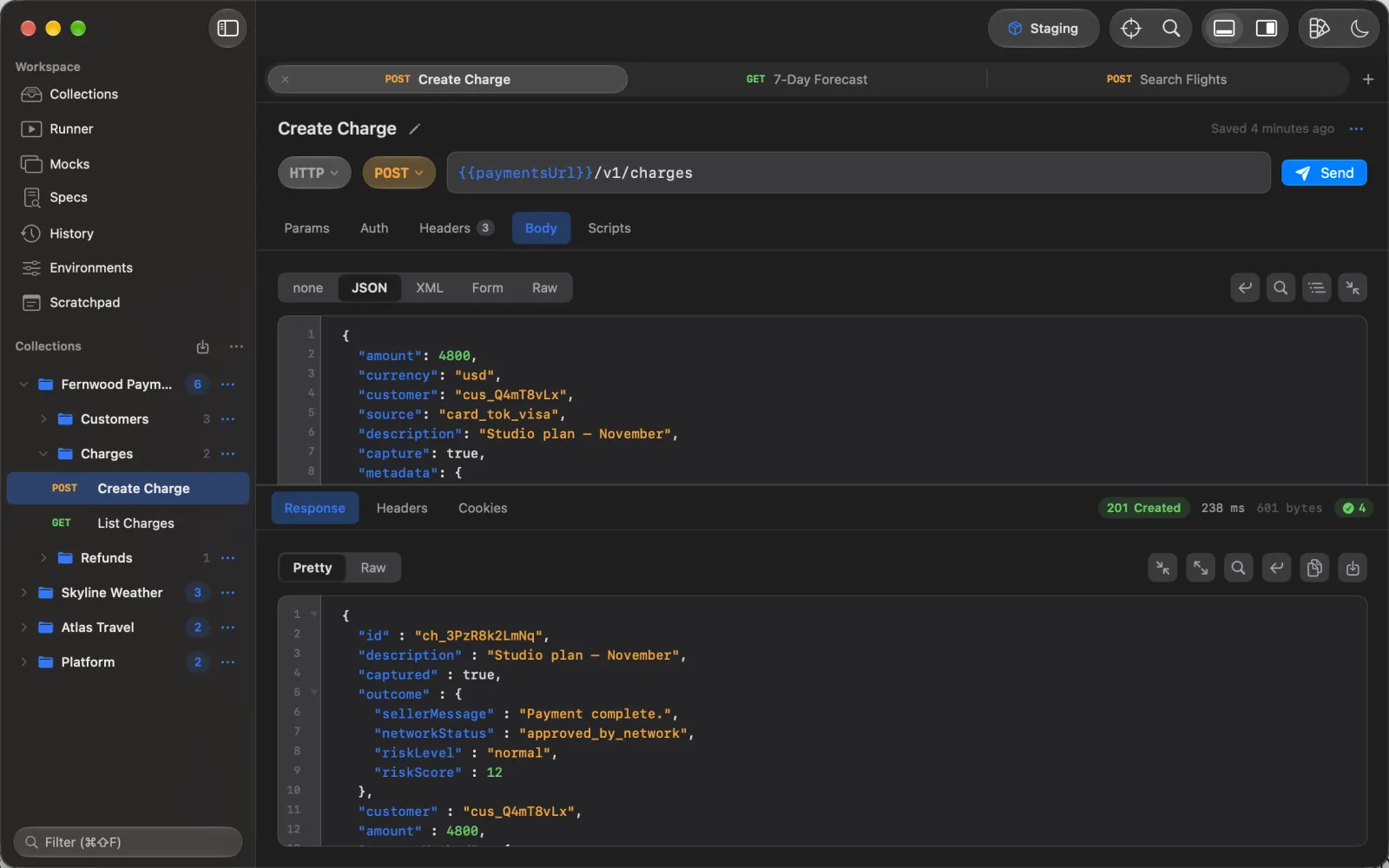 A POST request with a JSON body and its 201 Created response in Runlet