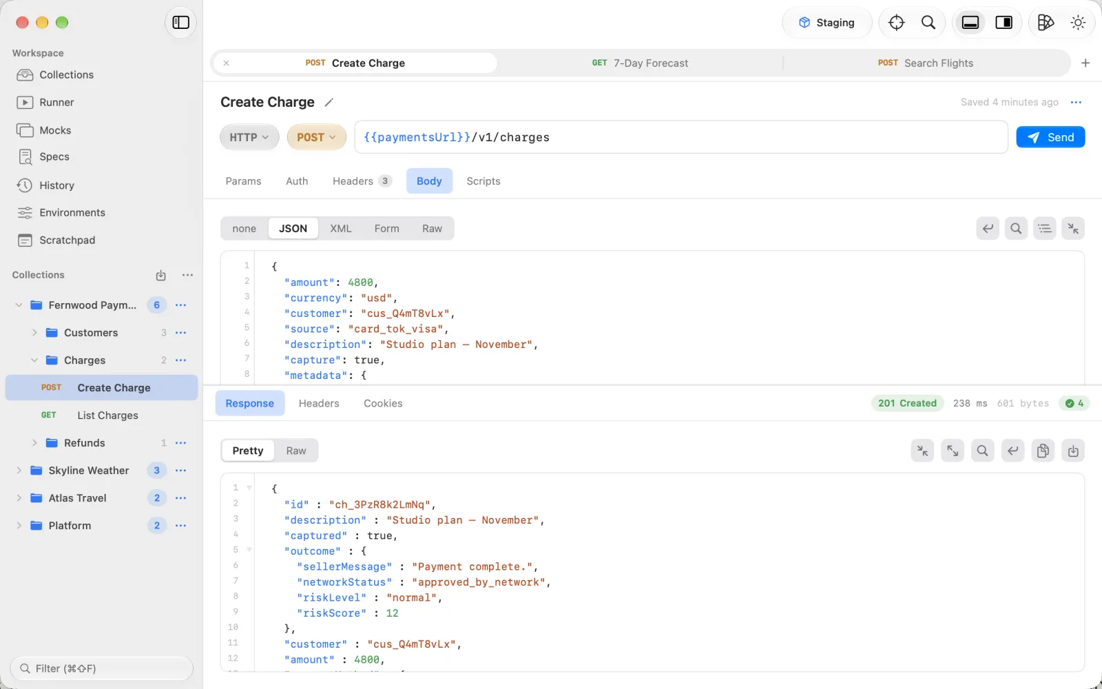 A POST request with a JSON body and its 201 Created response in Runlet