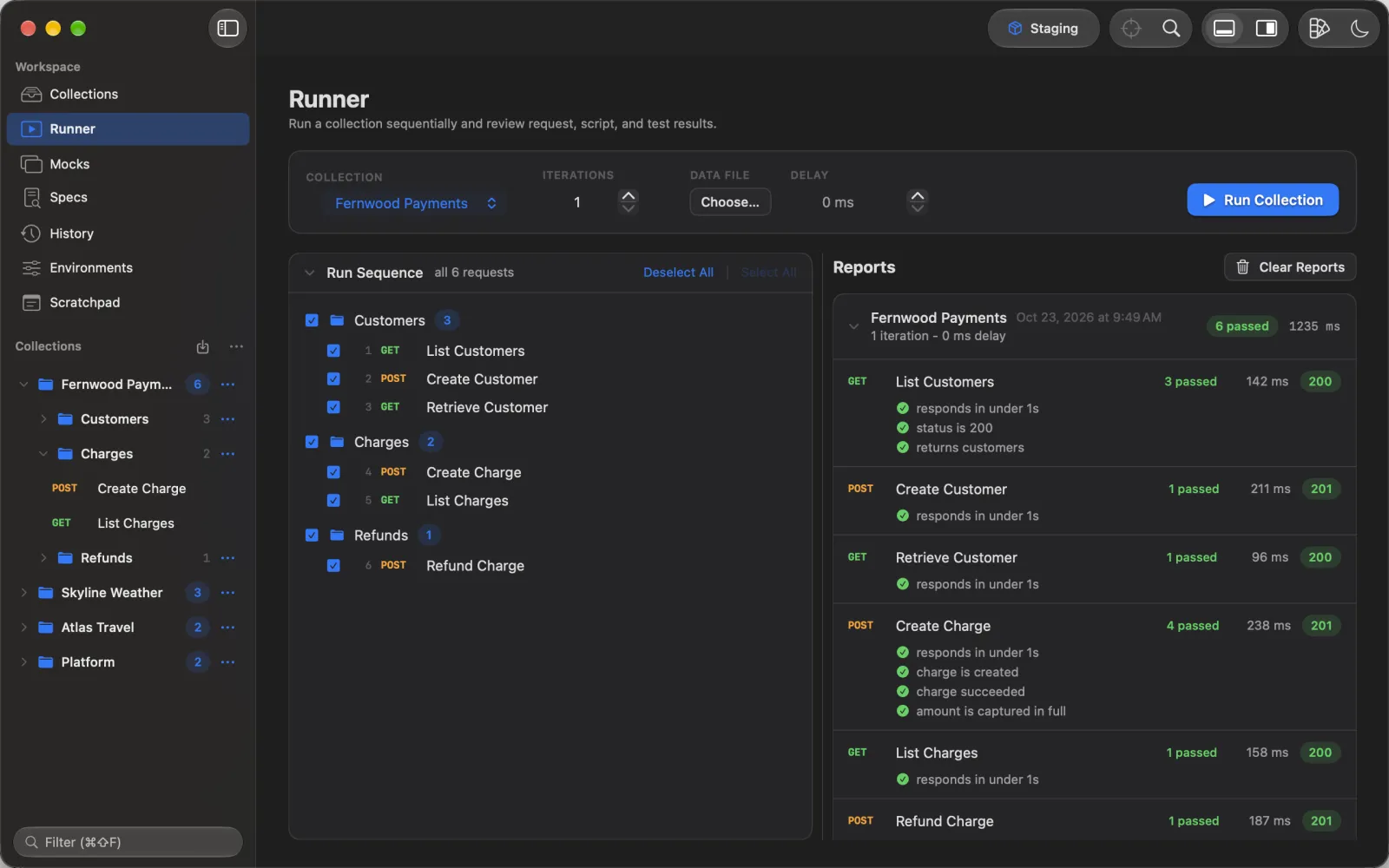 The collection runner reporting test results for each request