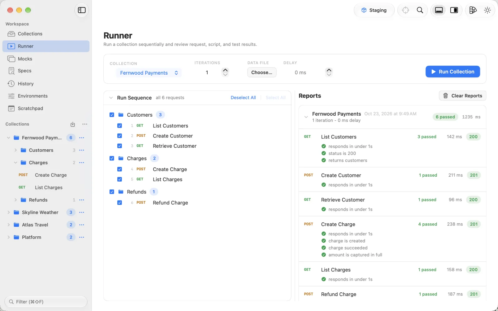 The collection runner reporting test results for each request