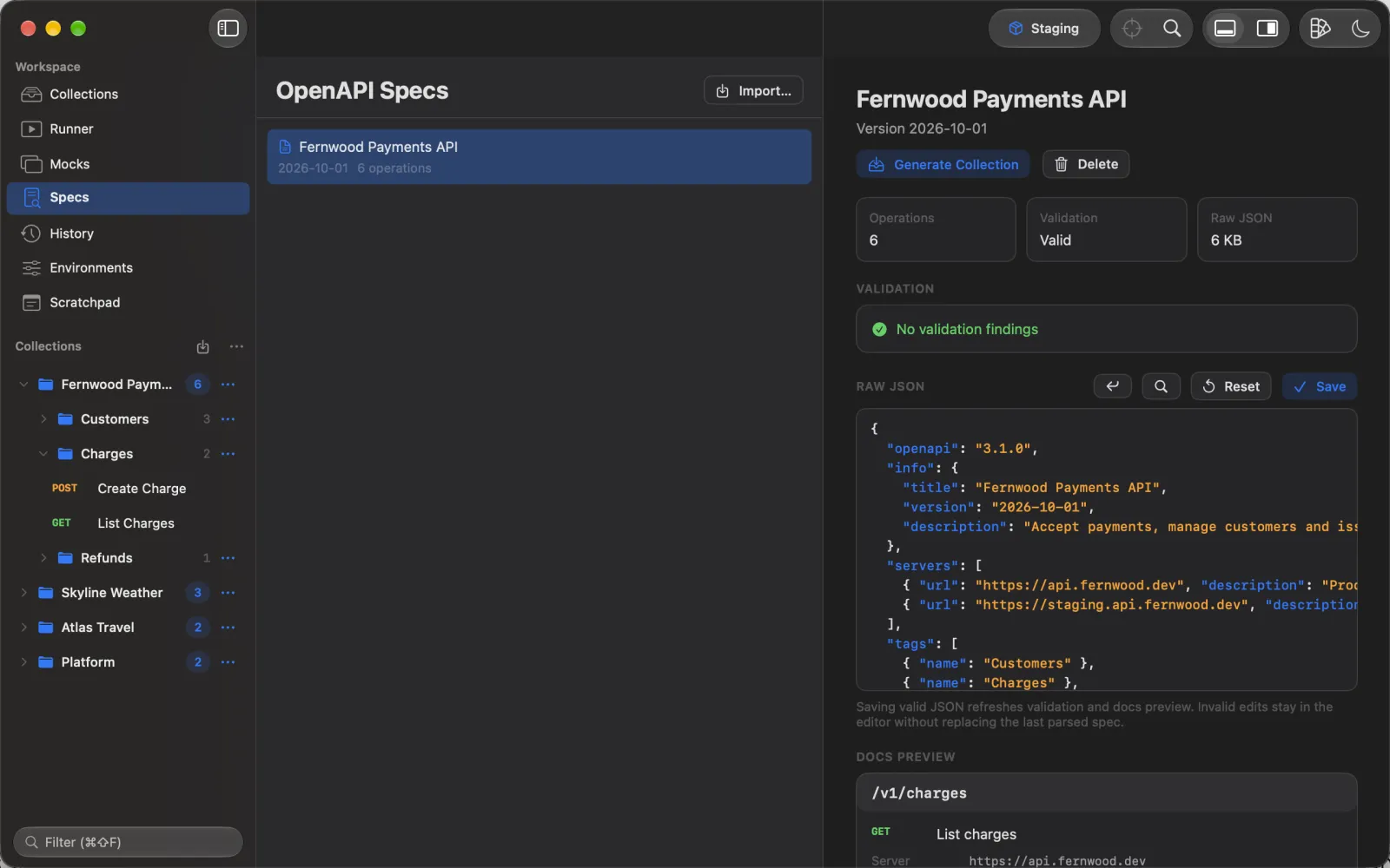 An OpenAPI document validated in the Specs section