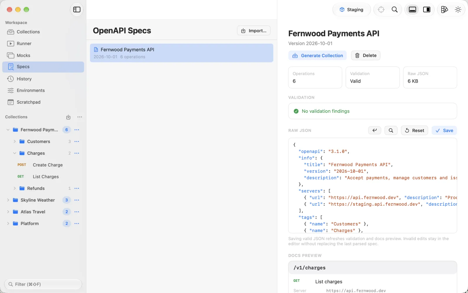An OpenAPI document validated in the Specs section